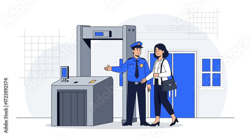 Security Checkpoint Illustration Depicting Security Guard and Passenger Going Through Scanner