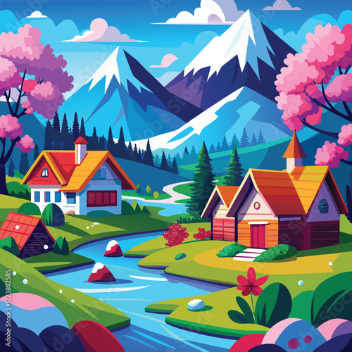 Stunning panoramic mountain countryside scene with rustic wooden chalets glowing warmly at sunset, turquoise river meandering through a pine-filled valley, colorful alpine flowers blooming, and dramat