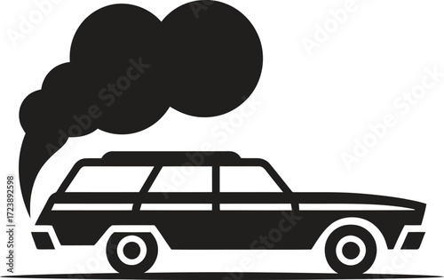 Black silhouette of a station wagon emitting dark smoke from exhaust pipe