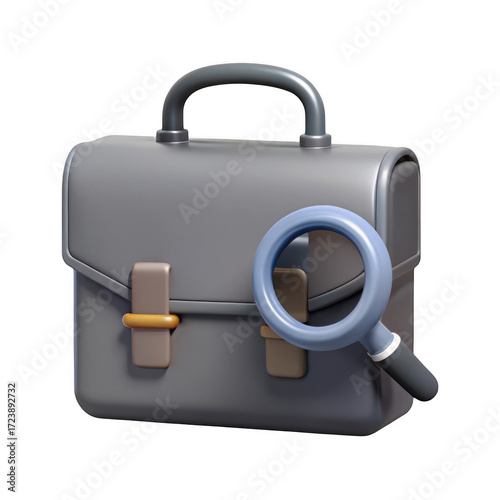 3d briefcase with magnifying glass isolated on transparent background