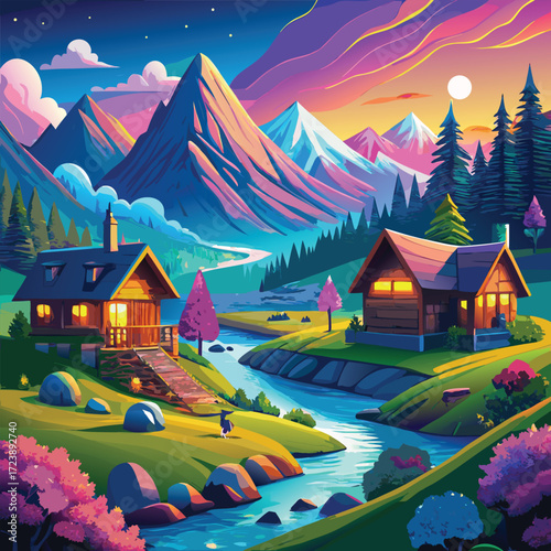 Peaceful countryside retreat in golden evening light with charming wooden chalets on rolling hills, a calm river meandering through the valley, vibrant alpine flowers blooming, and majestic mountain p