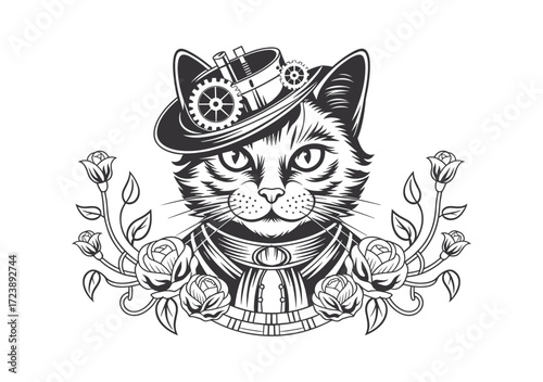 Elegant black and white line art illustration of a steampunk cat in a top hat with roses