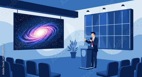 Speaker delivering a presentation with a galaxy backdrop at a conference hall