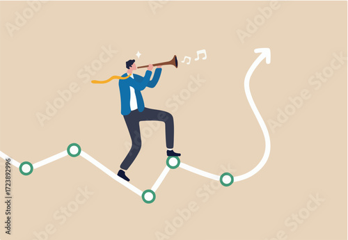 Investment profit growth, monetary policy to control economic, market domination or manipulation concept, smart businessman snake charmer playing flute on investment graph to make arrow rising up.