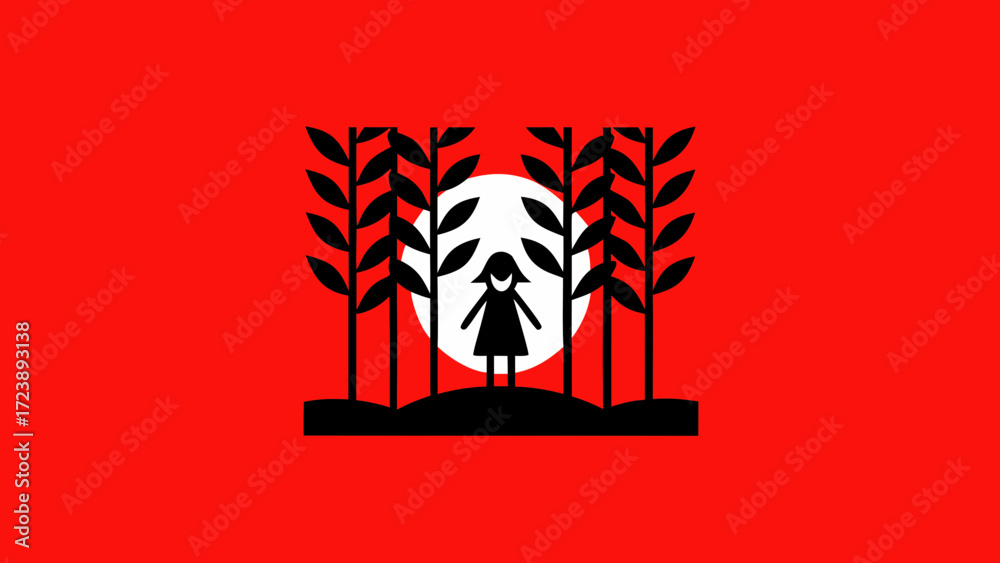 Fototapeta premium A silhouette of a child stands in a field of plants against a bright white circle on a vibrant red background, evoking a sense of mystery and childhood