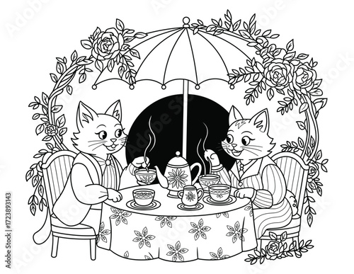 Cats' Tea Party An Enchanting Black and White Illustration for Coloring Fun