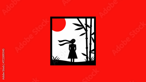 Silhouette of a woman standing in a bamboo forest with the sun setting, evoking a sense of peace and solitude
