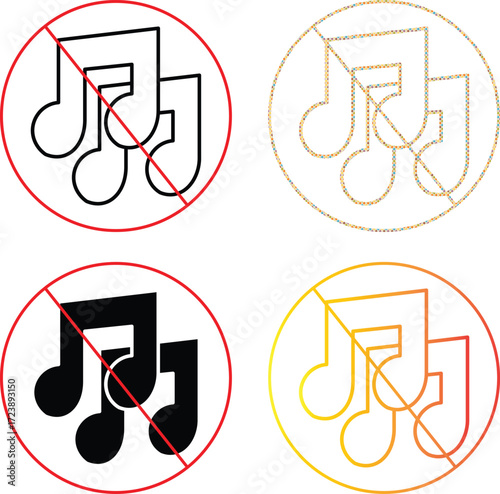 Music note with prohibition sign icon showing no sound, muted music, copyright restrictions, or disabled audio option on transparent background