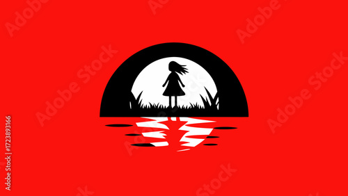 Silhouette of a young girl standing in a field of grass under a large archway with a reflection on the water below, against a vibrant red background