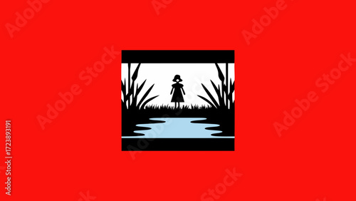 Silhouette of a woman standing in a field of reeds by a body of water, with a bright red background