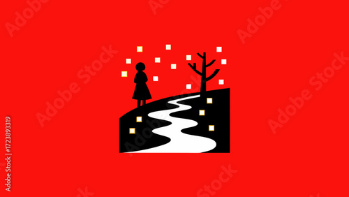 A silhouette of a child stands on a winding path beside a bare tree, illuminated by glowing lanterns, against a vibrant red background, evoking a sense of wonder and autumn