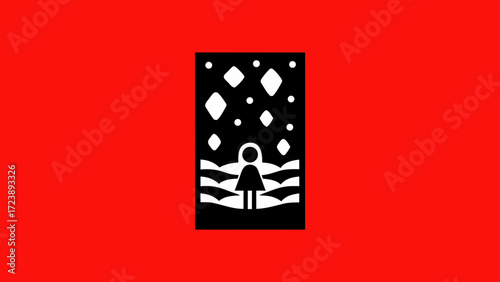 A minimalist black and white illustration of a person standing in a snowy landscape under a starry sky, set against a vibrant red background