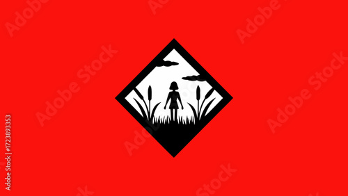Silhouette of a young girl standing in tall grass and reeds within a diamond frame against a vibrant red background, evoking a sense of mystery and nature