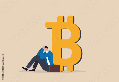 Fear, uncertainty and doubt acronym as FUD in crypto currency trading by spread information concept, confused businessman investor sitting with fear on Bitcoin symbol