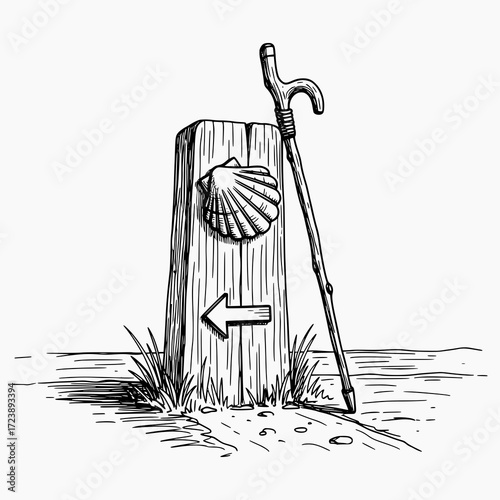 Camino de Santiago Marker in Black and White Sketch Style - Vector Illustration for Travel and Spiritual Design
