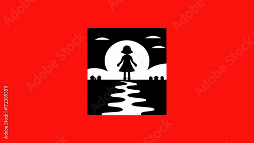 Silhouette of a young girl standing on a path leading to a bright moonlit sky with clouds and stylized trees, set against a vibrant red background