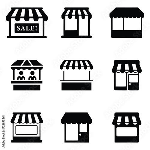 Collection of storefront and market stall icons