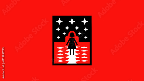 A silhouette of a girl standing in front of a starry night sky and a body of water, set against a vibrant red background