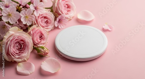Wallpaper Mural Delicate pink roses and petals surround a clean white cosmetic jar on a soft pastel background. Torontodigital.ca