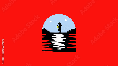 Silhouette of a young girl holding a lantern, standing by a calm body of water under a starry sky, with reflections on the waters surface