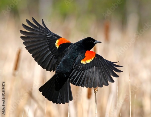 A red-winged blackbird in flight against a blurred background of reeds