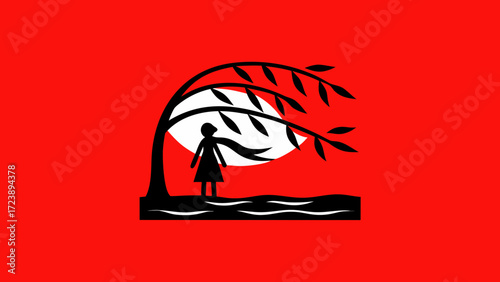 Stylized silhouette of a person with a scarf blowing in the wind under a tree with leaves against a red background, symbolizing resilience and nature