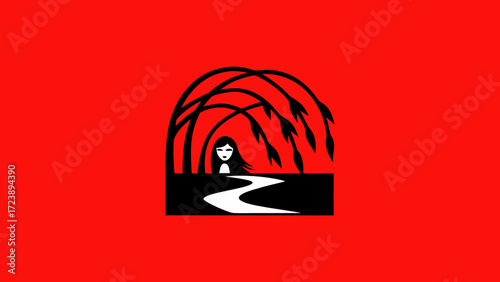 A surreal illustration of a womans face peeking from behind a black archway with a winding river in the foreground, set against a vibrant red background