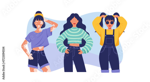 Three diverse women standing together celebrating individuality and style.