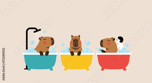 Three adorable capybaras enjoying a relaxing bubble bath together in colorful tubs.