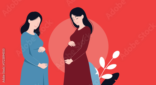 Two pregnant women are standing and holding their bellies. Their faces are serene and calm. A light red circle is behind them and on the right side there are some leaves.