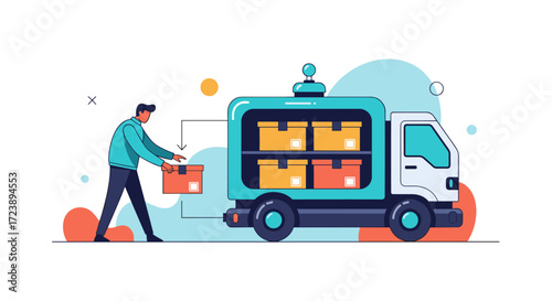 A person loads boxes onto a modern delivery truck for efficient logistics and supply chain operations.