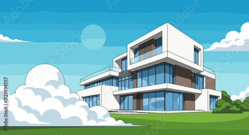 A modern and luxurious villa with large windows surrounded by lush green grass under a bright blue sky.