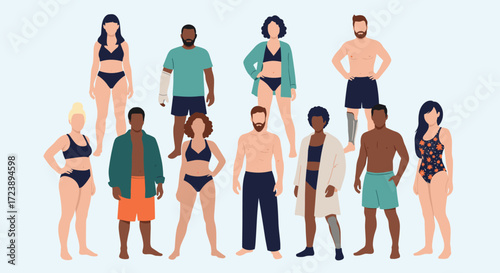 A diverse group of people of various body types and backgrounds standing together.