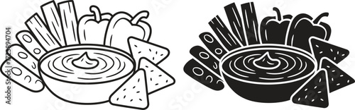 Hand drawn illustration of nachos and vegetable sticks with dip