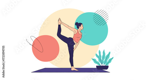 A woman practices yoga in a vibrant and abstract setting. .