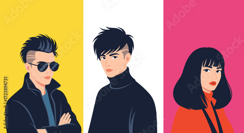 Stylized portraits of three young adults with distinct hairstyles and fashionable attire.