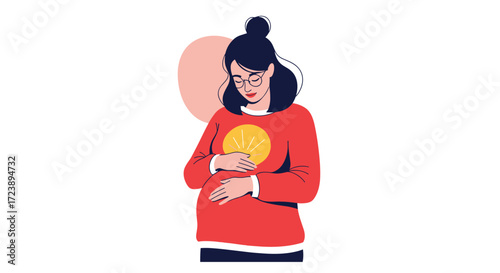 Illustration of a pregnant woman gently holding her belly with her hands.