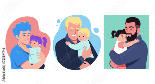 Three fathers holding their young children in a loving embrace.