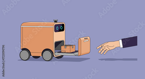 An autonomous delivery robot is transferring packages to a customer's hand.