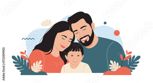 A loving family portrait featuring parents and their young child embracing happily together.