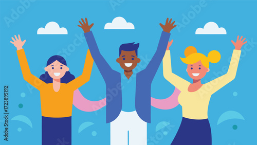 Vector art of group of diverse people celebrating with arms raised in the air, expressing joy and unity