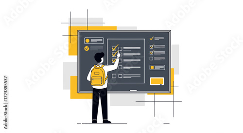Student Completing Checklist on Blackboard with Backpack in Educational Setting