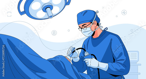 Surgeon performing operation with medical equipment in operating room setting illustration