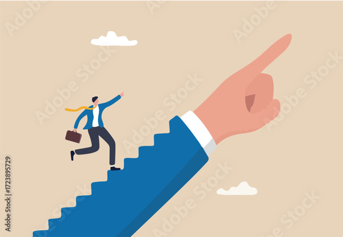 Success step, leadership or career path growth direction, motivation and determination to grow and success, stairway to achieve target concept, businessman step up stairway on leader pointing hand.