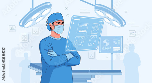 Surgeon in Operating Room with Advanced Technology Interface Representing Futuristic Medicine and
