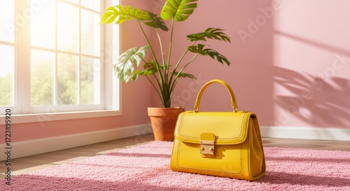Wallpaper Mural Vibrant yellow handbag sits elegantly on a plush pink rug, bathed in soft sunlight from a nearby window. Torontodigital.ca