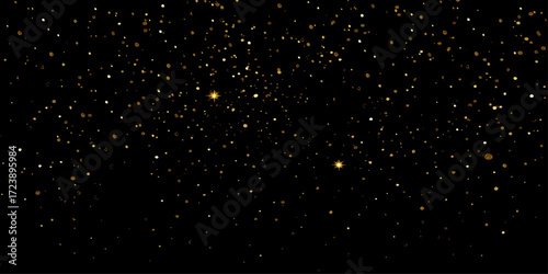 Falling snowflakes and glowing star particles drift through the dark night sky, like winter dust in the black galaxy