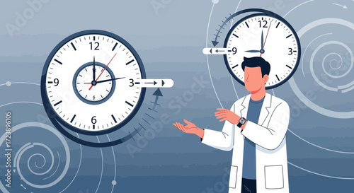 Time manipulation concept with a scientist presenting changes in clock settings illustration
