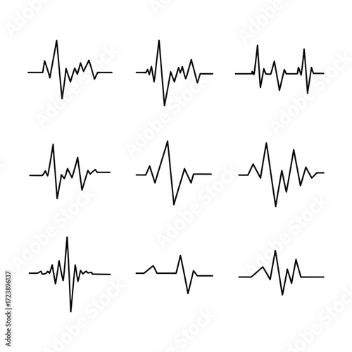 Heart rate monitor outline icon collection showing pulse waveform heartbeat readings and normal sinus rhythm vector graphics