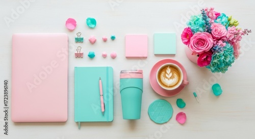 Wallpaper Mural Bright and cheerful desktop flat lay with pastel office supplies, coffee, and flowers Torontodigital.ca